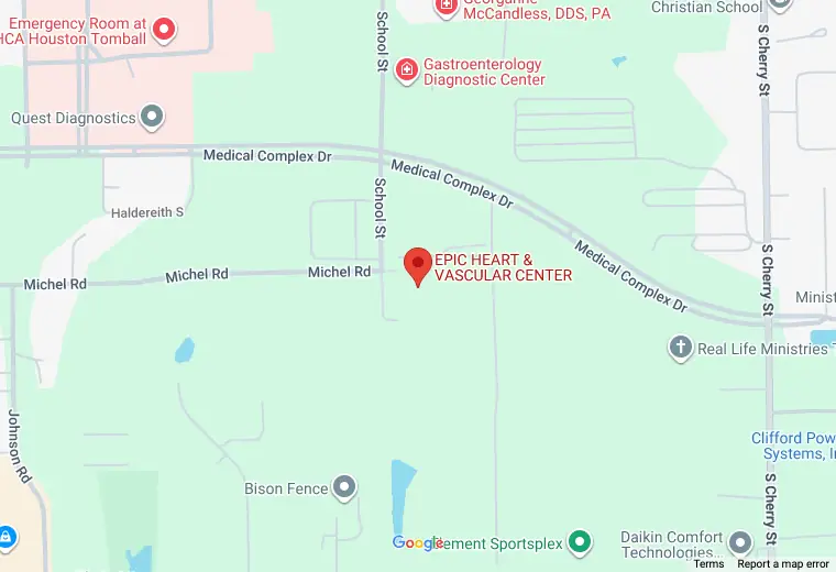 Map of Epic Heart & Vascular Center at 155 School St Suite 220, Tomball, TX 77375